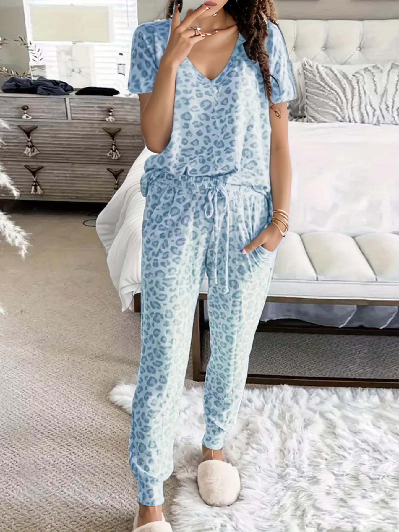 Two-piece Women's Leopard Print Drop Shoulder Top & Drawstring Pants Pajama Set, Casual Comfortable Long Sleeve V-Neck Top & Pocket Trousers Set, Women's Loungewear for Spring & Fall