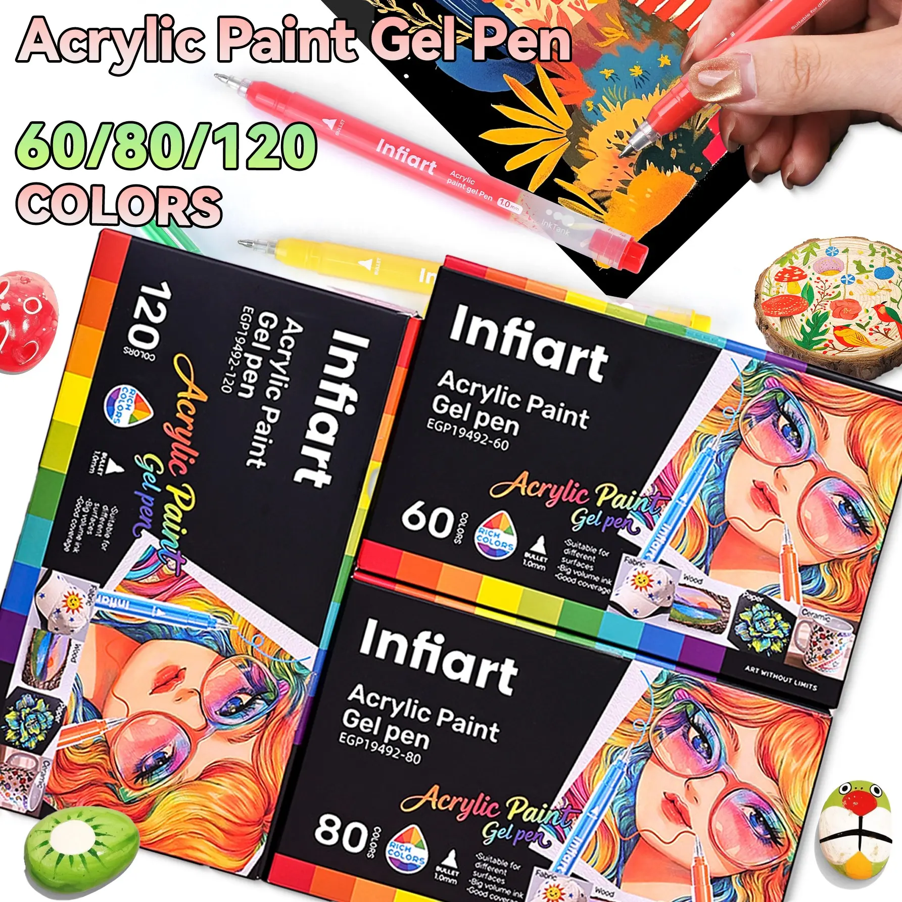 Infiart Acrylic Gel Pen Set, 60/80/120 Colors, Stackable Ink, 1.0mm Tip, Full Color Large Capacity, Art Supplies for Drawing and Anime