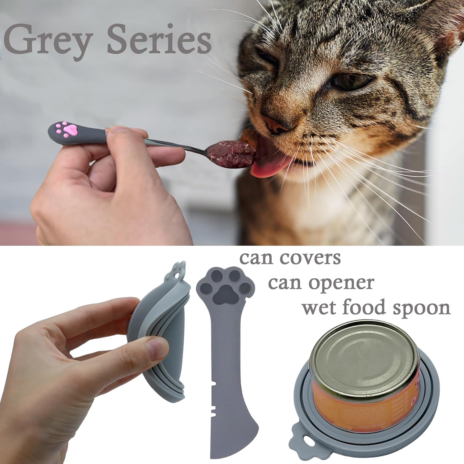 Cat Food Can Spoons & Can Lids |   4 Pcs |   Multi-Function Can Opener |   Silicone Pet Food Can Covers |   Stainless Steel Wet Food Spoon for Cats and Dogs(Grey),Hand Tools Kits