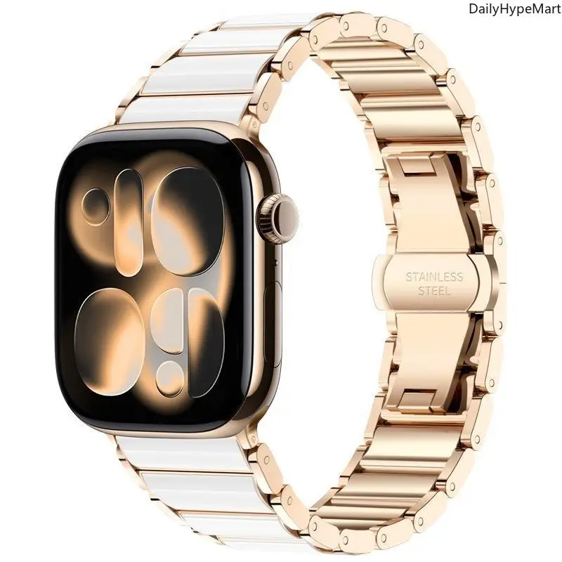 High Gloss Imitation Ceramic Three-Link Metal Watch Band, Business Casual Replacement Strap, Unisex Daily Wrist Accessory