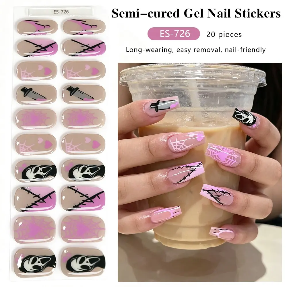 Spider Web French Halloween Gel Nail Stickers, 20-Piece Semi-Cured UV Curing, Single Item Pack, Es445 Model