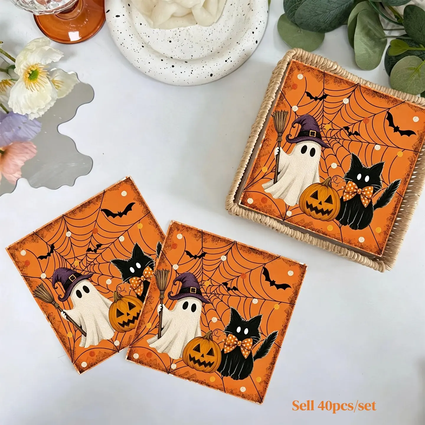 Vintage Napkins（40pcs)-Disposable Double-Layer Witch-Themed Ghostly Pumpkin Table Decoration - Festive Tableware Paper - Suitable for Halloween Tables in Parties, Kitchens And Restaurants，HalloweenNapkins