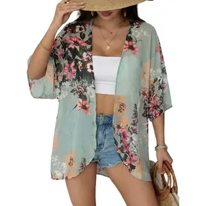 Women Floral Beach Wear Cover Up Chiffon Kimono Cardigan Open Front Blouse Top