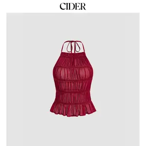 Cider Chiffon Halter Neckline Knotted Ruched Backless Top SummerWins SummerFinds