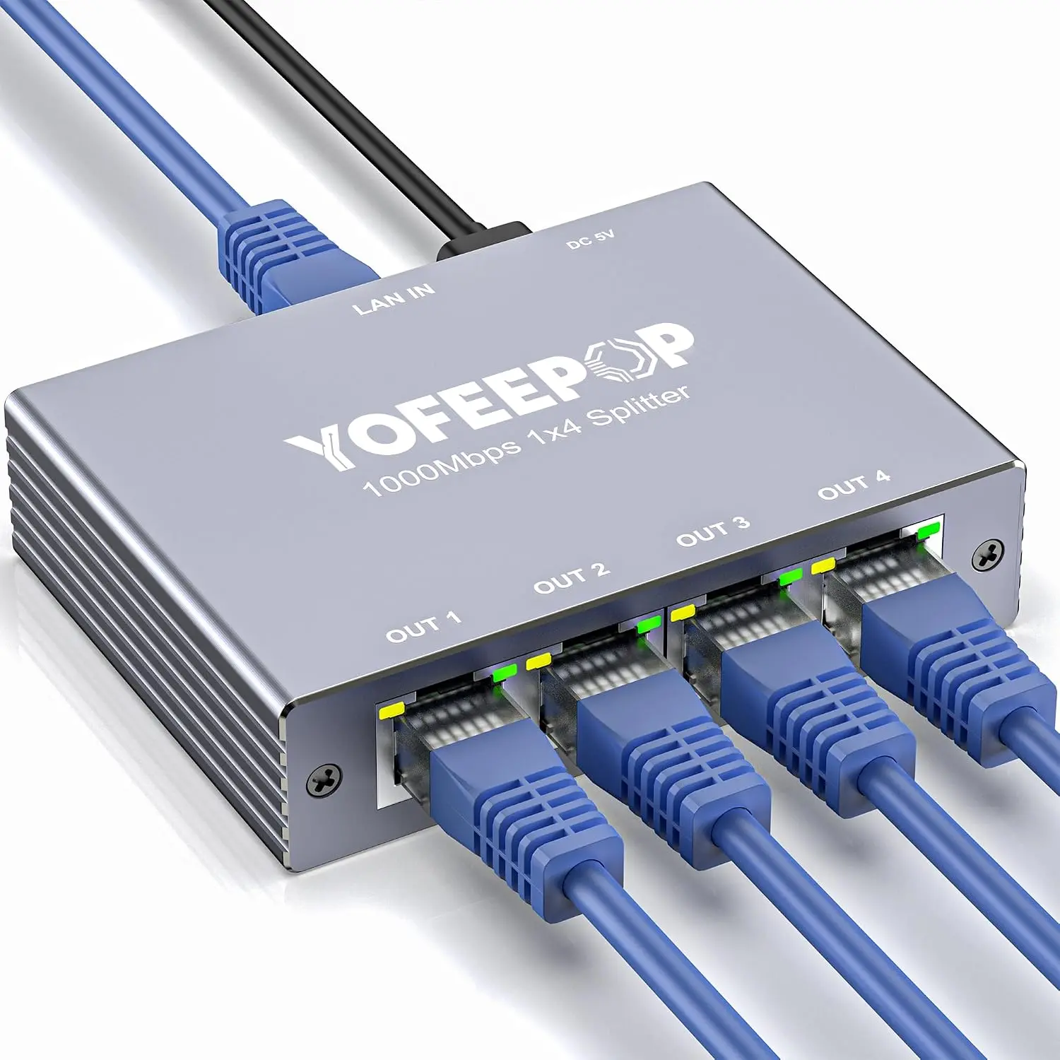 Ethernet Splitter 1 to 4, Gigabit Network   |  Devices Simultaneously • Ideal for PC, Laptop, Gaming Console, TV and Router • USB  Design