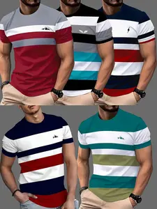 5-Pack Men's Striped Gradient Round Neck Short Sleeve T-Shirts, Menswear Casual Summer Top, Ideal for Daily Wear and Vacation