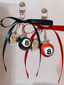 Punk 8-Ball Keychain with 3D Heart & Star Charms Red Black Billiards 8 Keychain with Ribbon Bowknot Charm Star Billiard 8 Ball Bag Charms Phone Chain Lanyard Hanging Rope Ornaments Heart Keychain Pendant Billiards Pendant Aesthetic Bag Accessory Jewelry