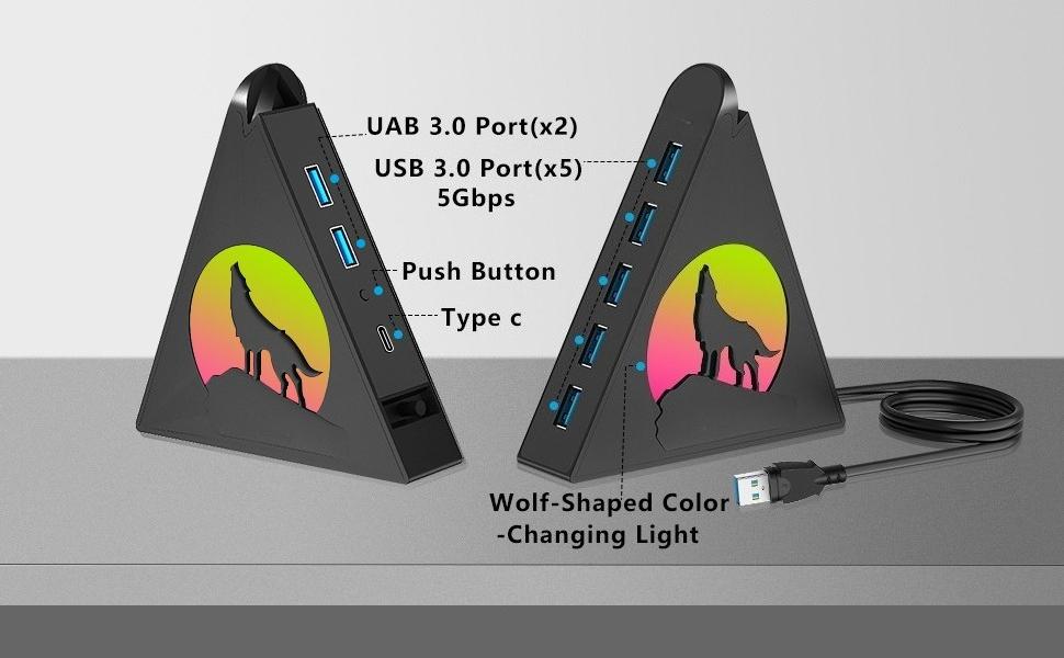 L-APT030    7-Port USB 3.0 Hub, Vertical USB Hub Splitter with RGB Lighting,5Gbps High-Speed Data Transfer and 2FT Extension Cable, Compatible with PC, MacBook, Laptop, PS5, Xbox, Flash Drive, Printer