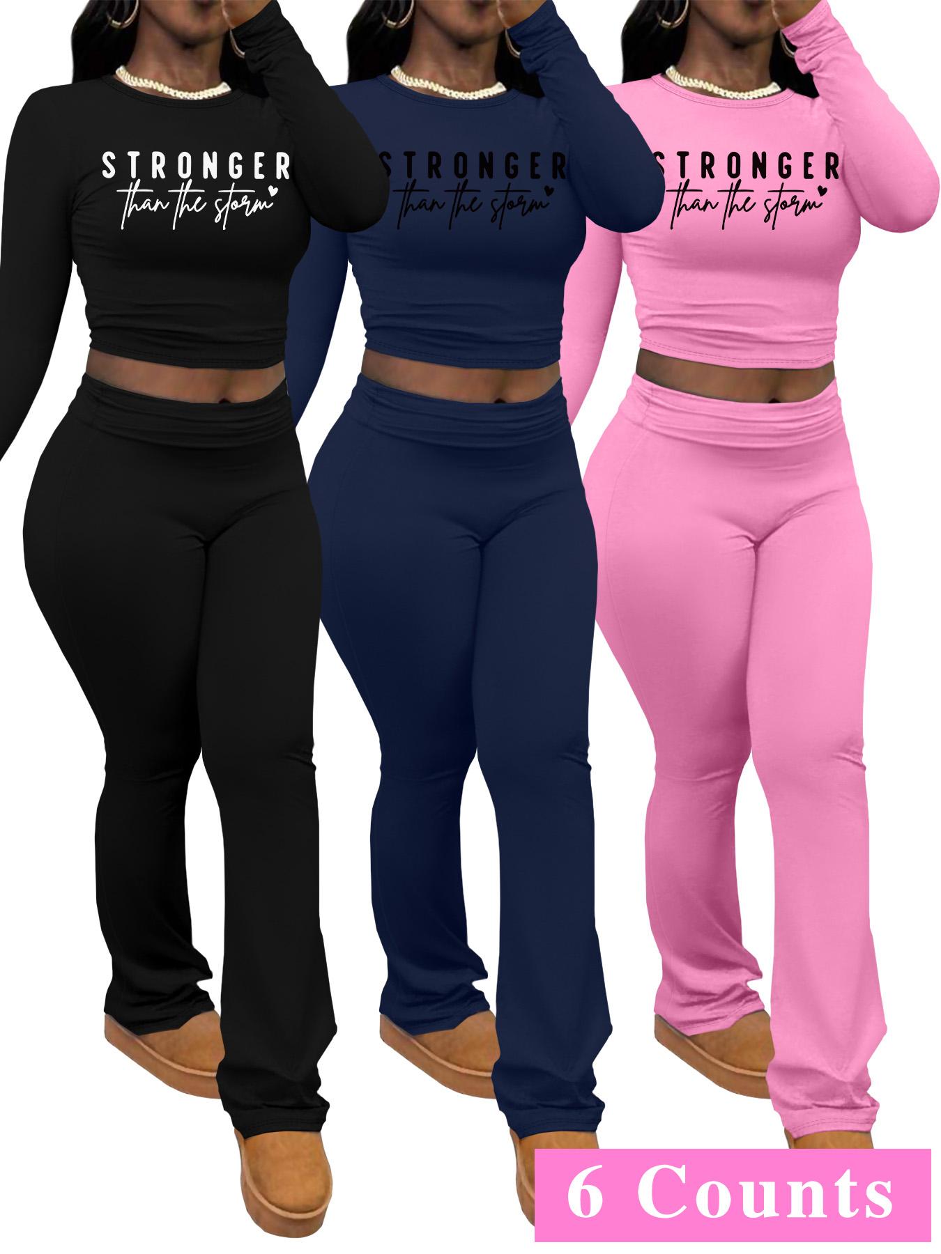 Women's Letter Print Long Sleeve Crop Top & Pants Set, Casual Fashion Cozy Legging Outfits for Daily Outdoor Wear, Women Clothing for Spring & Fall