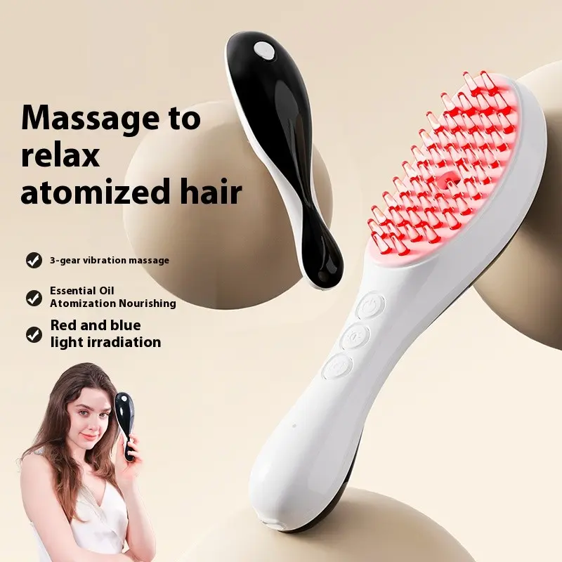 Electric massage comb, hairdressing massage comb.Type-C fast charging (including 180mah lithium battery).Multi-gear adjustment.Red and blue double light + essential oil mist nourishing + 3d vibration.Compact and portable.