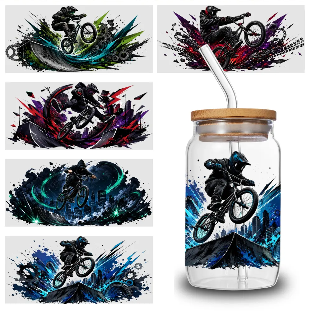5 Sheets BMX Rider UV DTF Stickers - Heat Transfer, Novelty Sticker, UVDTF Sheets, Wrapping Motif Prints, Sparkling Wraps for DIY Crafts, Mugs, Glass Jars (No Substrate Limitations), Heat Transfer Prints