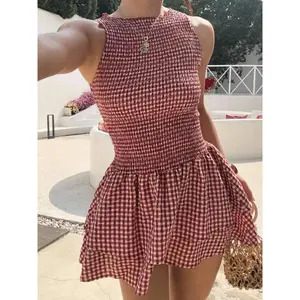 Plaid Sleeveless Bodycon Mini Dress with Belt, Sweet French Style, Casual Comfy Chic, Perfect for Summer Vacation, Fashionable and Comfortable, Casual Fashion Dresses