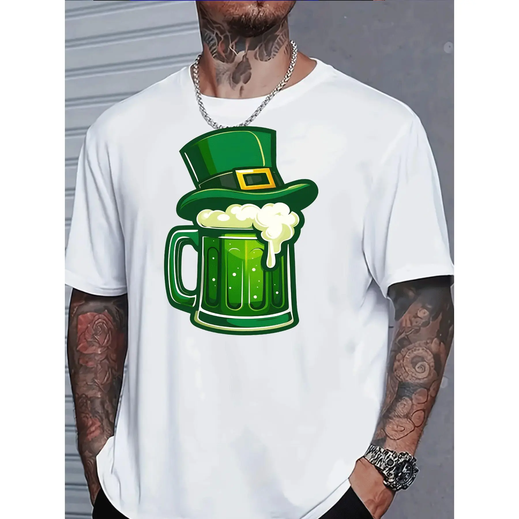 Men's Short-Sleeve Green Classic Casual T-Shirt with Leprechaun Hat Design, St. Patrick's Day Party Outfit, Menswear Fashion Top