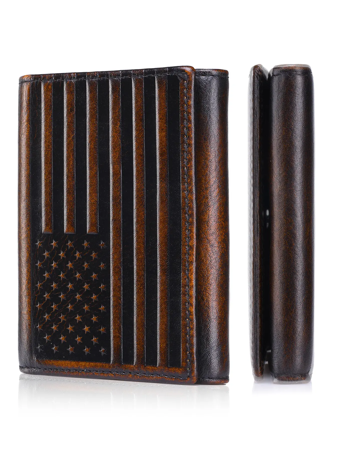 SCHLATUM USA Flag Trifold Wallets for Men American Flag Wallet Full Grain Leather with Hand Burnished Tri-Fold Wallet RFID Blocking Rfid Shielded Wallet