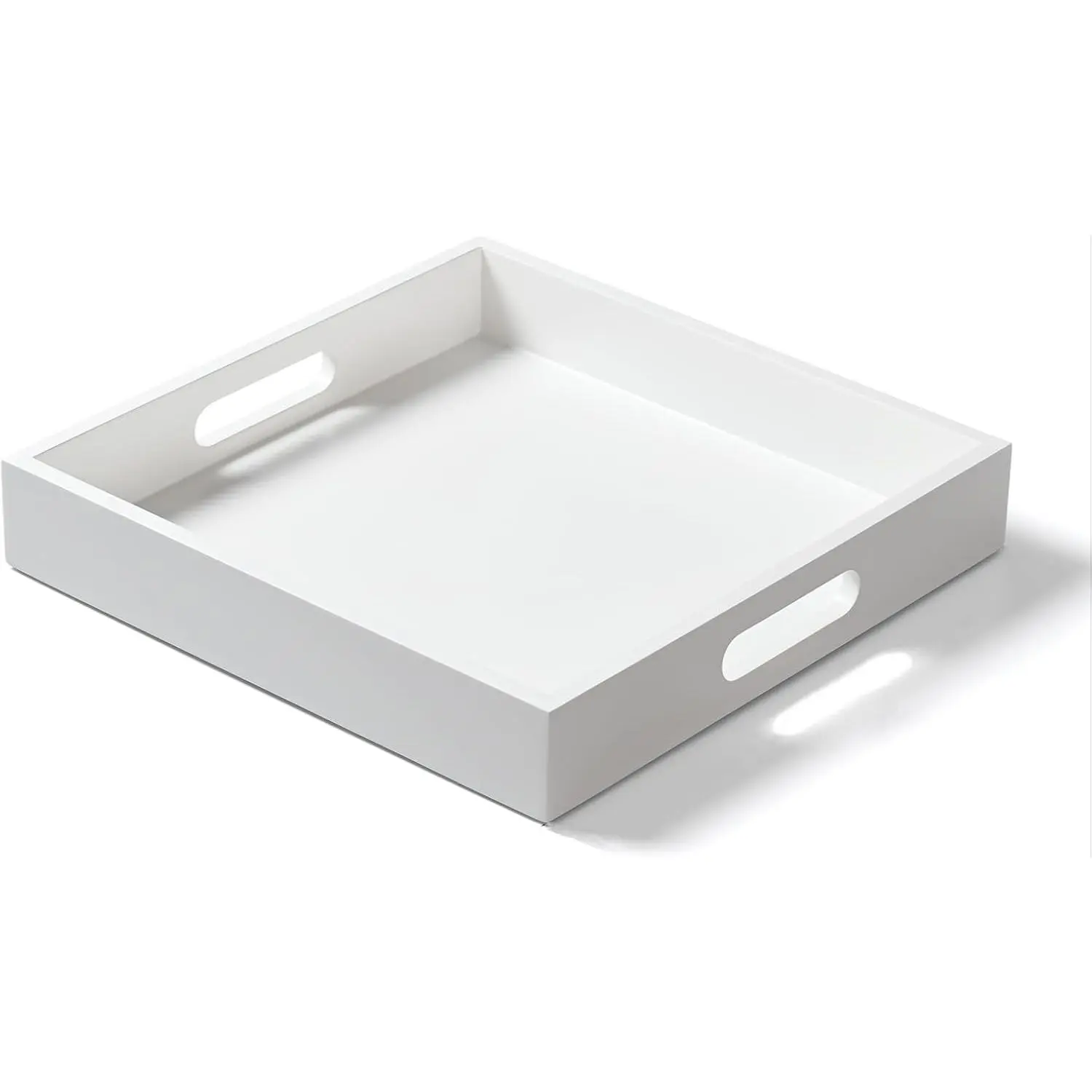 White Wooden Serving Tray with Handles, 12"x12"x2"H Square Countertop Organizer Tray, Decorative  Trays for Kitchen, Bathroom, Sturdy  Trays for Breakfast,