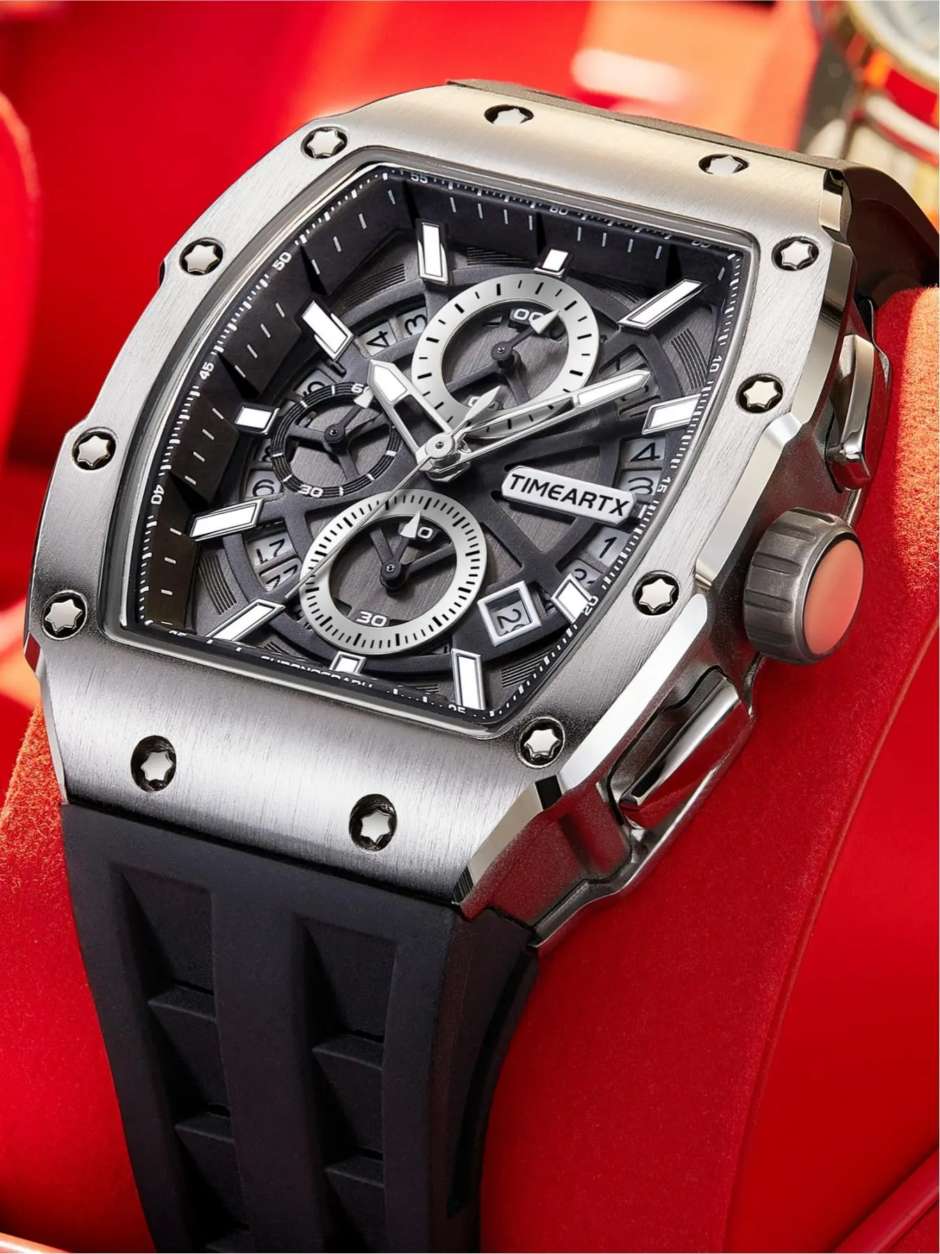 TIMEARTX Luxury Men's Watches High Quality Watches Barrel Shaped Dial Stainless Steel Case Functional Quartz Analog Fashion Wristwatch with Quartz Movement