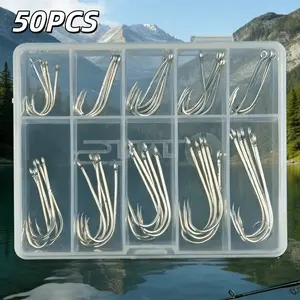 50pcs Long Shank Barbless Fishing Hooks Set Outdoor Fishing Supplies - 10 Sizes (3#-12#) High Carbon Steel with Storage Box for Saltwater & Freshwater Fishing