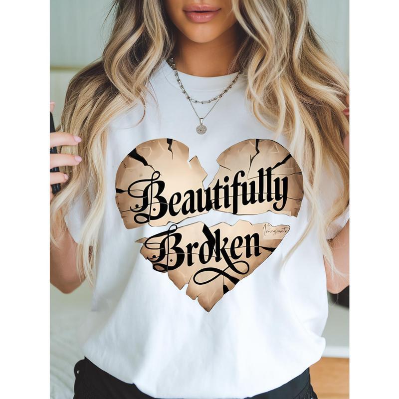 Women's Casual Crewneck T-Shirt with "Beautiful Broken" Heart Print, Regular Length, Perfect for Daily Wear, Spring/Summer Fashion, and Back to School Outfits, Ideal for All Seasons, Addicted Top for 2025 Summer Clothes Women Plus Size