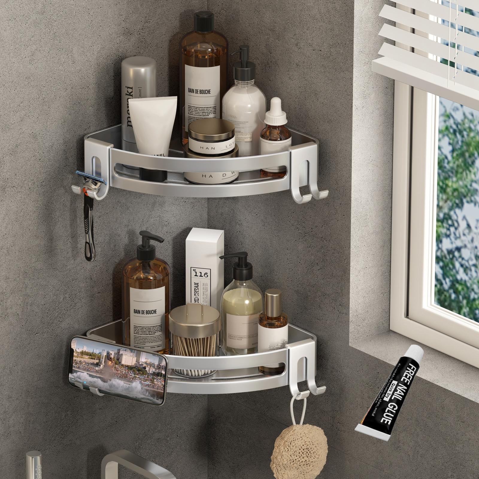 Corner Shower Caddy Suction Cup Shower Shelf Corner No Drilling Bathroom Shower Organizer Storage Rack Adhesive with Towel Bar Hooks (,Matte Gray) : Home & Kitchen