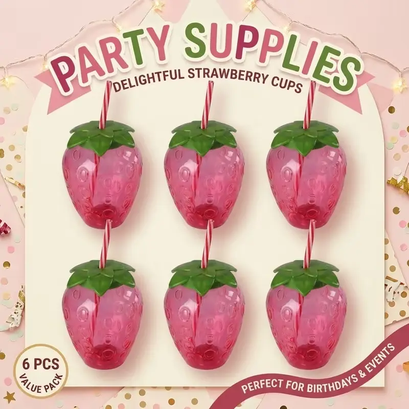 6-Pack strawberry pattern cup with straw, suitable for all kinds of party cold drink cups, cute modeling cups, outdoor dinner activity cups (only cold drinks can be installed)