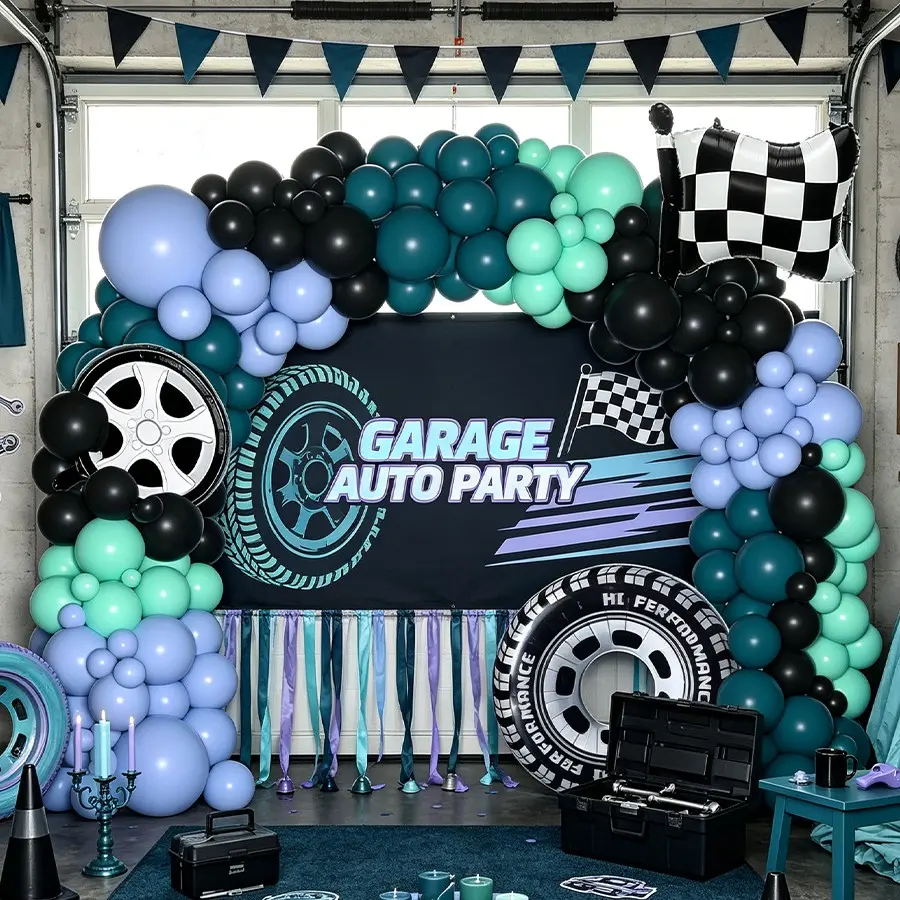 101pcs Racing Balloon Garland, Tire and Rim Foil Balloons, Vintage Peacock Blue Dusty Balloon Arch, Perfect for Car Boy Birthday Party, Balloon Decorations Kit