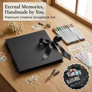 Black Cover Ribbon Bound DIY Scrapbook Album Kit, Coil Binding Memory Photo Journal with Marker Pens, Stencils & Decor Stickers for Wedding Birthday Travel Keepsake