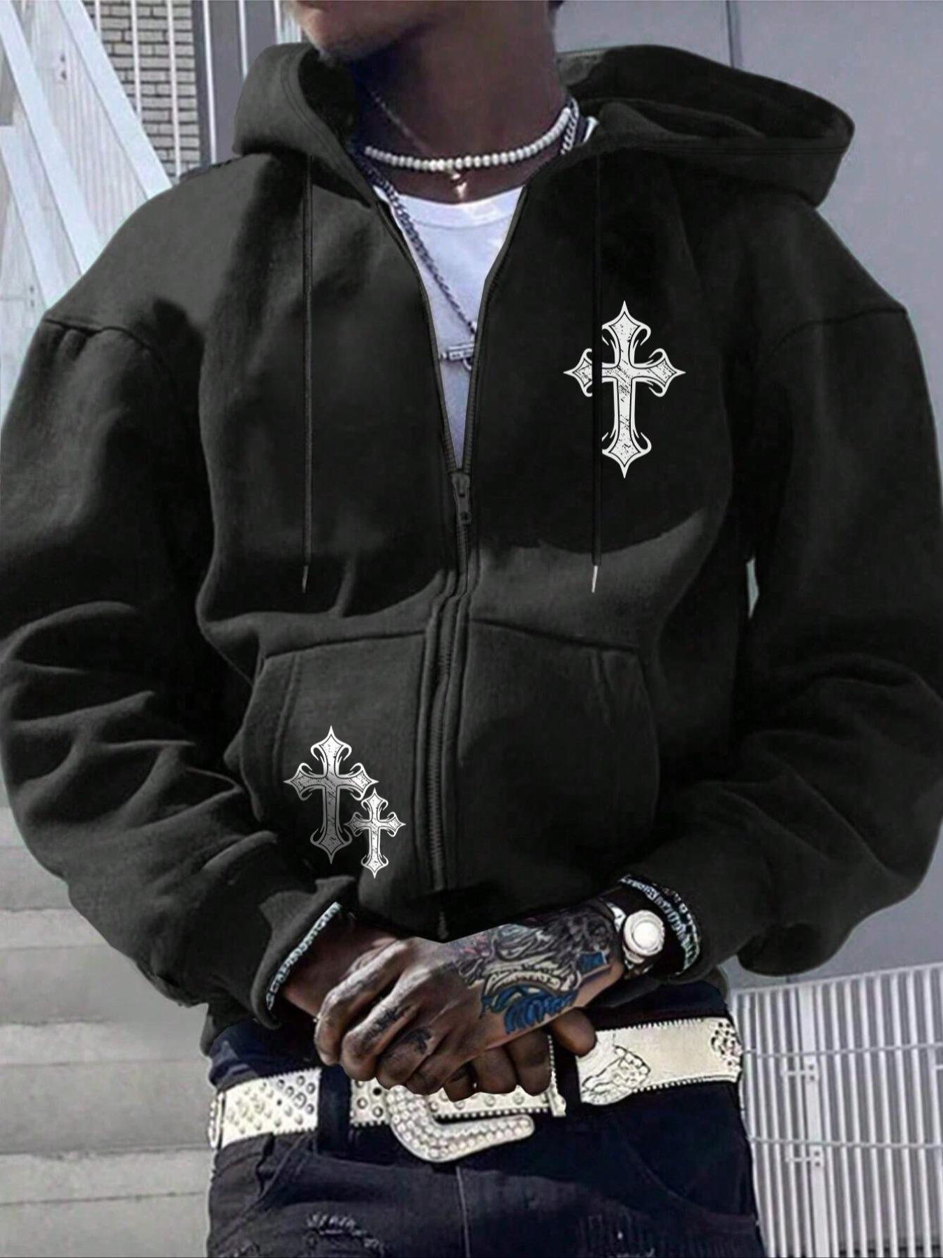 Men's Cross Print Drop Shoulder Zip Up Hoodie, Gothic Rock Hoodie, Fashion Casual Regular Fit Drawstring Pocket Hooded Sweatshirt for Daily Holiday Outdoor Wear, Men Clothes for Fall & Winter