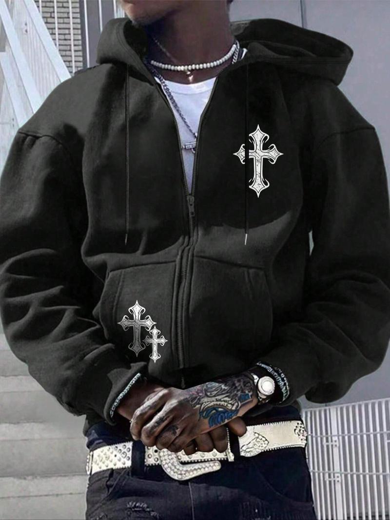 Men's Cross Print Drop Shoulder Zip Up Hoodie, Gothic Rock Hoodie, Fashion Casual Regular Fit Drawstring Pocket Hooded Sweatshirt for Daily Holiday Outdoor Wear, Men Clothes for Fall & Winter