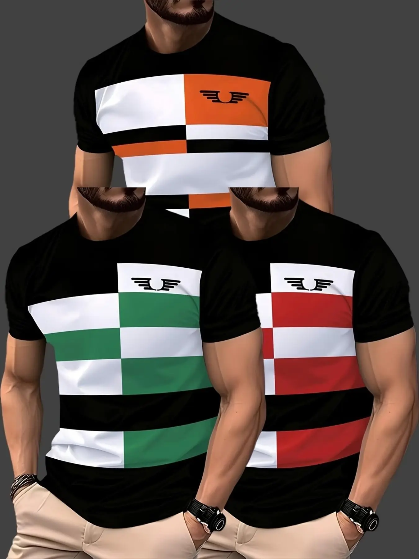 Men's 3-Piece Set, Colorblock Checkered Wing Print Short Sleeves, Casual Long Tee, Breathable Streetwear, All-Season Fashion