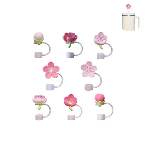 Flower Design Straw Cover, 8 Counts/set Cute Straw Protector, Silicone Straw Topper, Drinkware Accessories for 30oz & 40oz Tumbler, Reusable Straw Cover