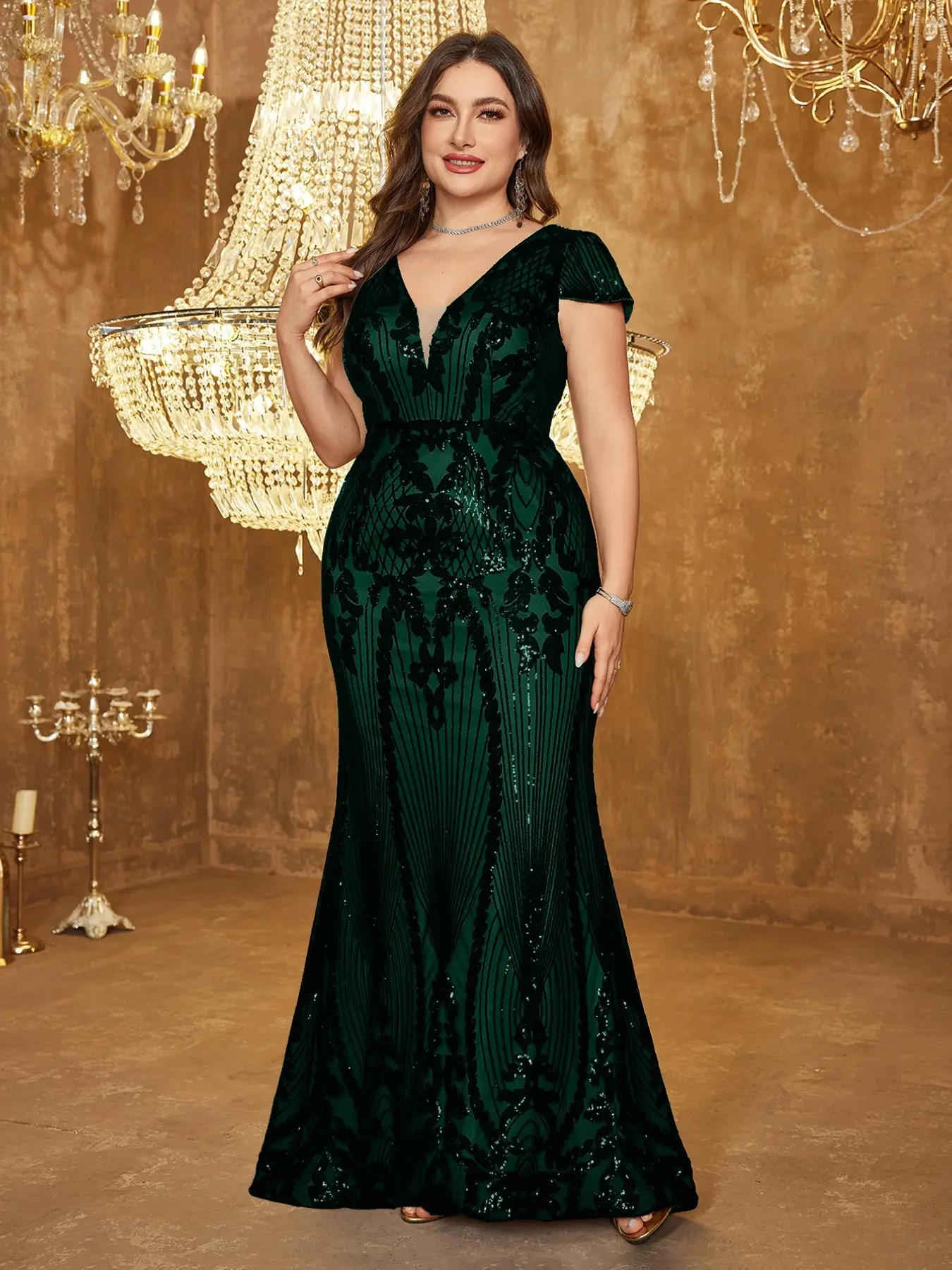 Elegant V-Neck Sequined Embroidered Maxi Women Evening Dress, Waist-Cinch Party Gown, Solid Color Formal Wear, Perfect for Gala Events, Elegant Fashion Dress