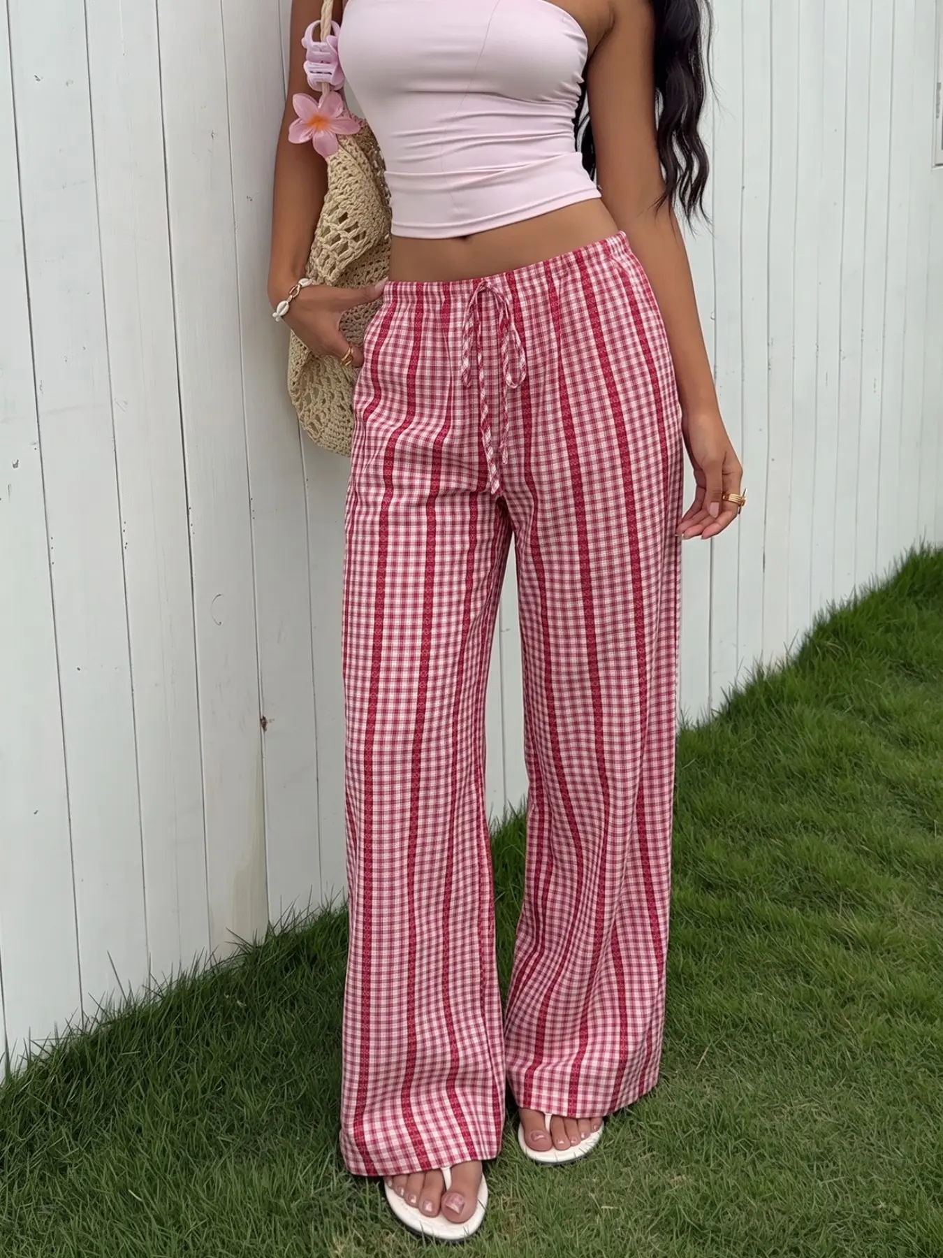 Women Red Gingham Drawstring Wide Leg Pants, High Waist Loose Plaid Trousers, Boho Summer Vacation Casual Bottoms, Lightweight Breathable Fabric Suitable For Beach, Shopping, Travel And Daily Outings