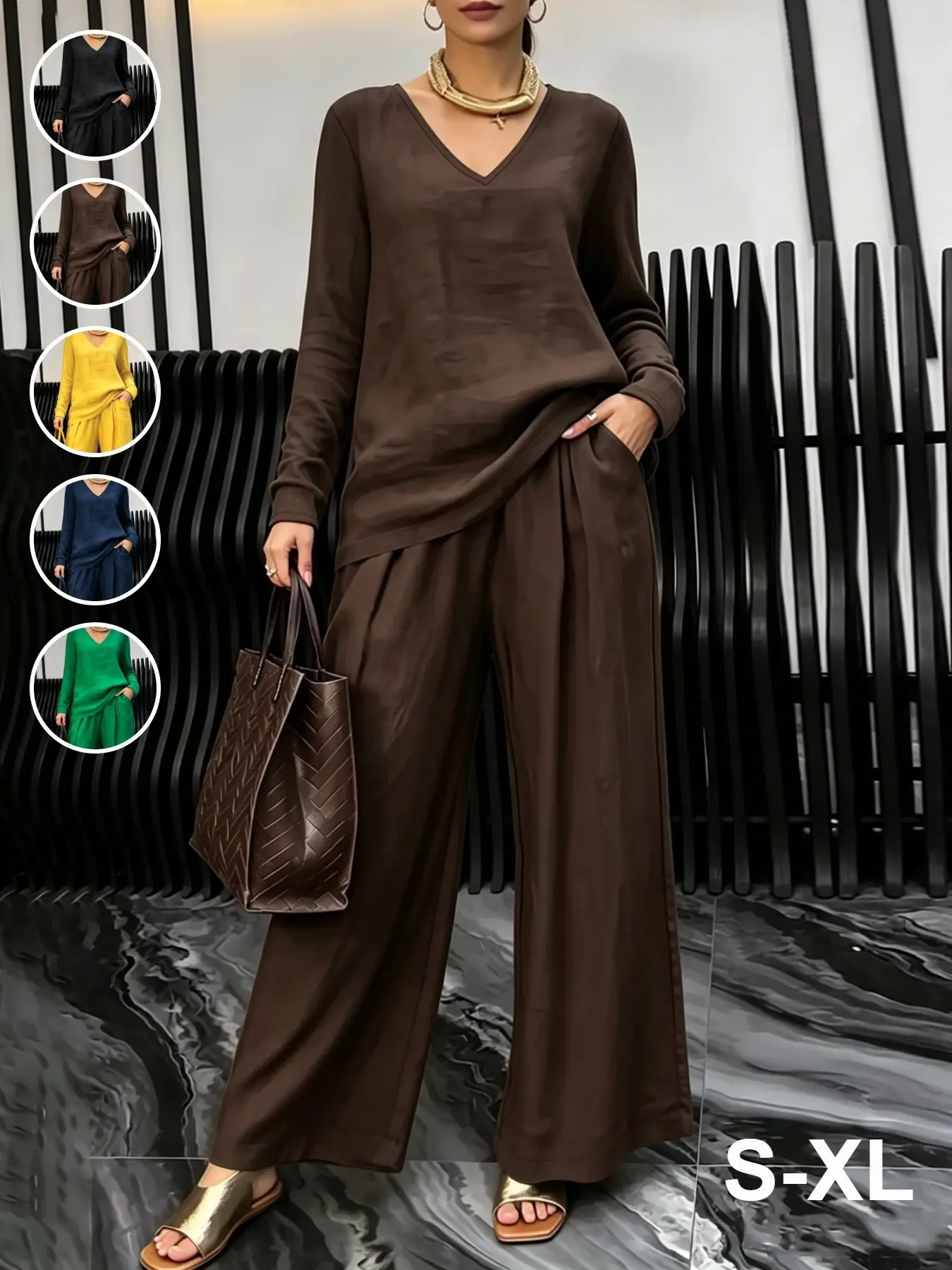 Women's Elegant Solid Color Two-Piece Set, V-Neck Long Sleeve Top and Wide Leg Pants, Loose Casual All Season Wear, Comfortable Fashion Fabric