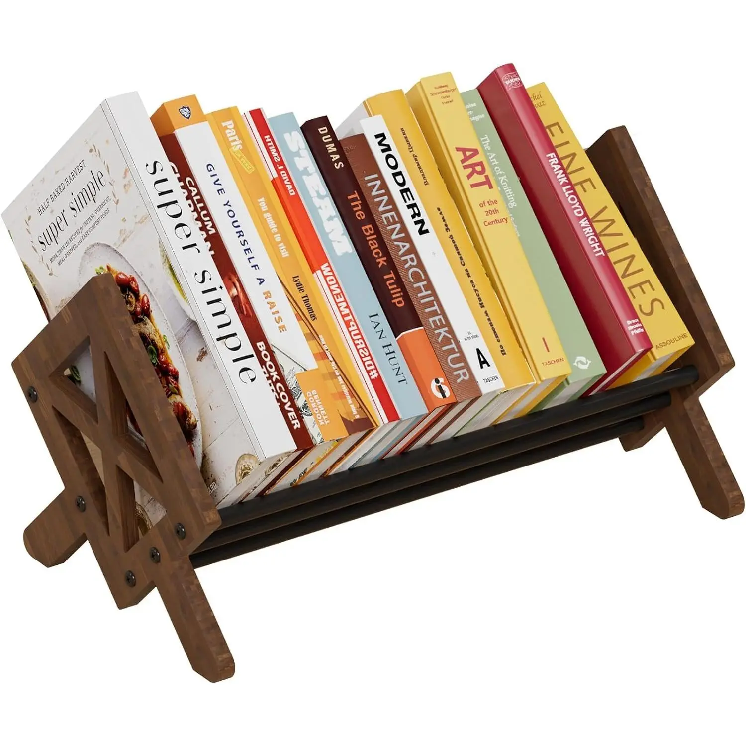 Desktop Bookshelf Organizer, Wood Office Tabletop Book Storage Rack, Tilting Bookcase for Books/CDs/Magazine Display (Black)