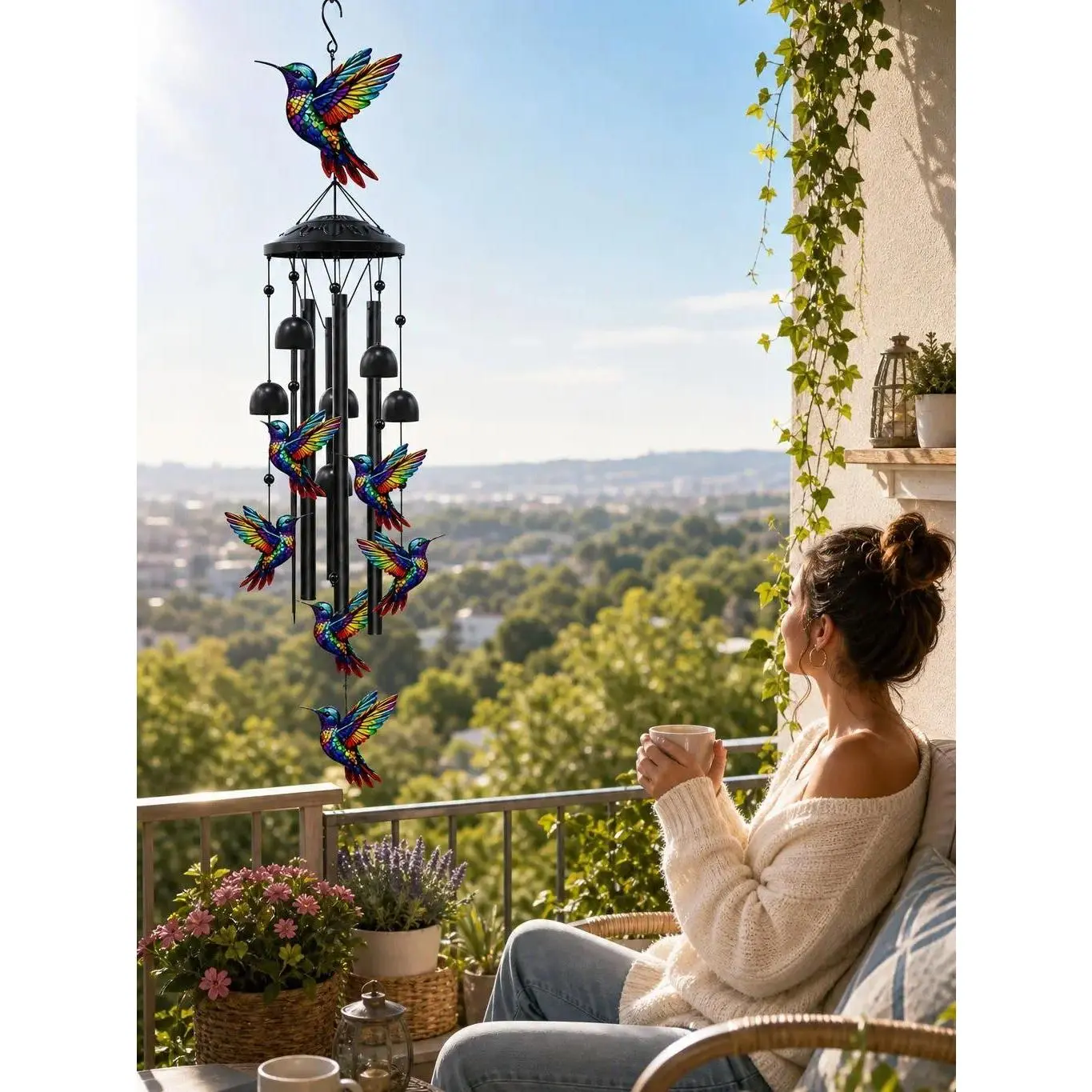 Hummingbird Wind Chime 35.4 Inch Metal Spiral with Rainbow Bells Musical Patio Decor for Mother's Day Memorial and Retirement Gifts
