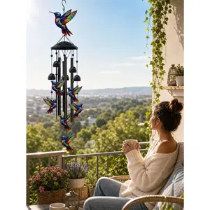 Hummingbird Wind Chime 35.4 Inch Metal Spiral with Rainbow Bells Musical Patio Decor for Mother's Day Memorial and Retirement Gifts