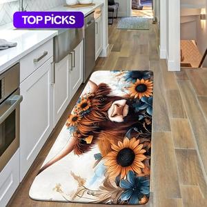highland cow pattern kitchen runner rug, 1 count non-slip kitchen mat, decorative carpet for home living room bedroom kitchen, boho runner rug