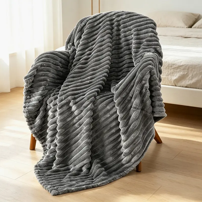 Popular Vertical Channel Ribbed Plush Bed Blanket, Fuzzy Blanket, Soft & Plush Air Conditioning Cover, Cozy Warm Decor Throw, Elegant Gray & Cream Neutral Tones to Upgrade Living Room & Bedroom Interior Vibe