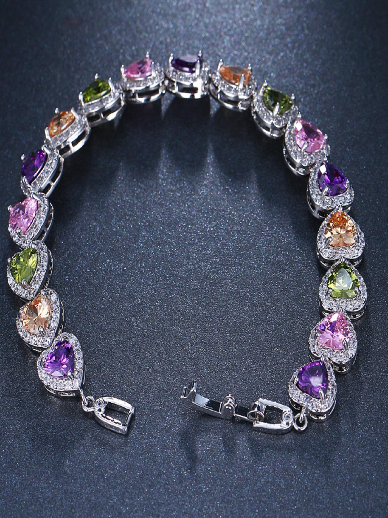 Women's Elegant Colorful Heart Shaped Zircon Decor Bracelet, Exquisite Trendy Bracelet, Fashionable Jewelry for Women & Girls As Gift, Heart Design Bracelet, Heart Charm Bracelet
