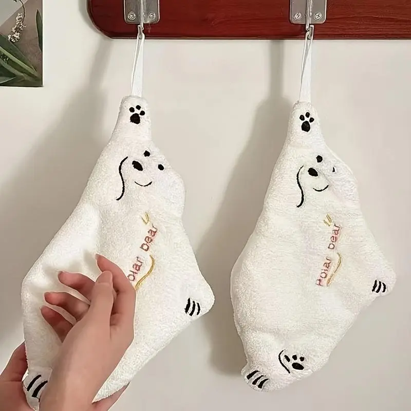 Set of 2 Adorable Polar Bear Hand Towels, Designed to Hang, Made of Coral Fleece, Highly Absorbent, Plush Cartoon-Style Towels, Perfect for Different Settings Like The Kitchen And Bathroom