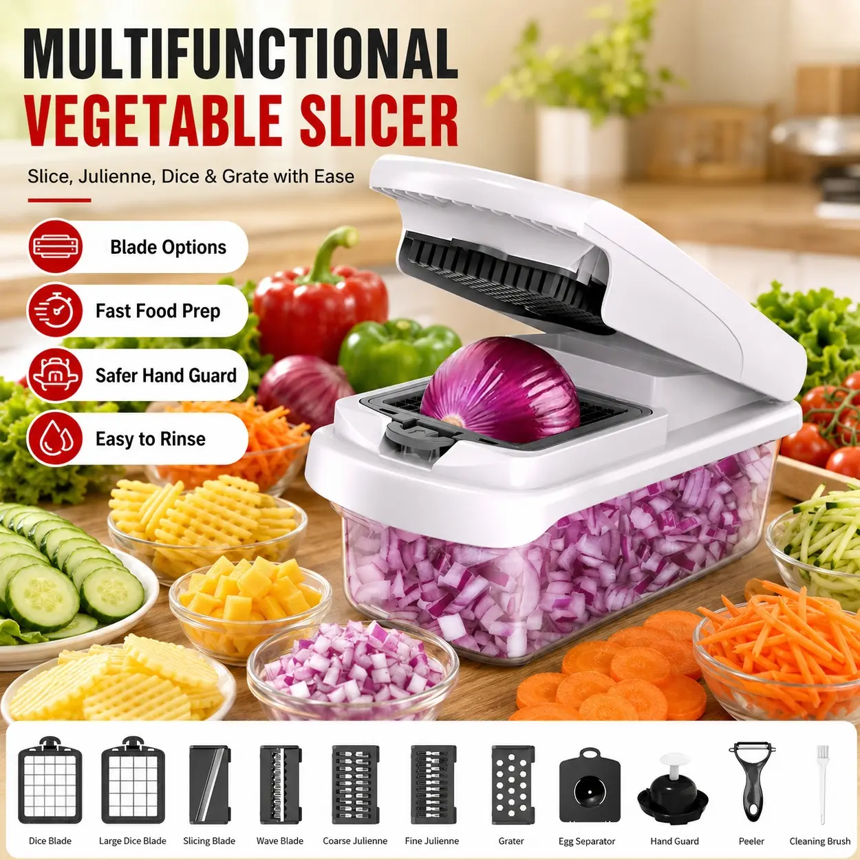 15-in-1 Multifunctional Vegetable Chopper with Container, Mandoline Slicer, Food Chopper, Onion Dicer and Veggie Cutter, Manual Kitchen Prep Tool with Interchangeable Blades, Grater, Peeler and Egg Separator for Fruits, Potatoes and Salad