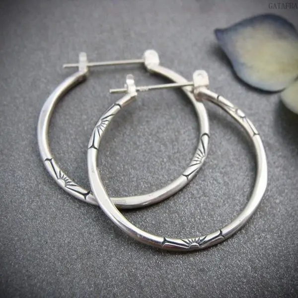 Vintage Antique Silver Hoop Earrings, Court Style Floral Large Click Hoops Jewelry