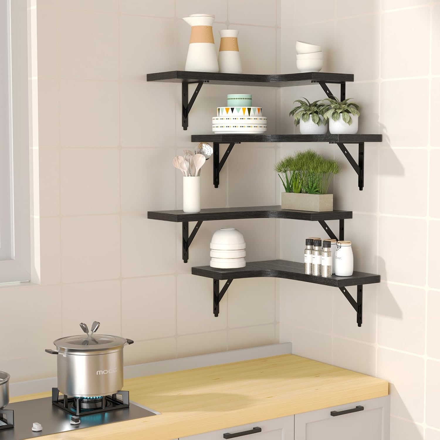 Corner Floating Shelves Wall Mounted Set of 4, Rustic  Storage Display Wall Shelves for  Decor, Bathroom, Kitchen, Bedroom, Living Room, Office (Black)