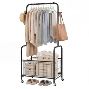 3-in-1 Rolling Clothes Rack with Storage Basket and Hooks Metal Garment Rack for Laundry Room Bedroom and Closet Black3-in-1 Rolling Clothes Rack with Storage Basket and Hooks Metal Garment Rack for Laundry Room Bedroom and Closet Black