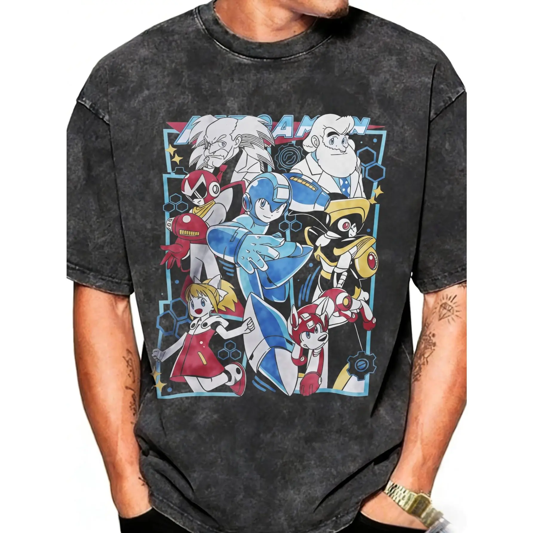 Vintage Washed Crew Neck Short Sleeve Tee for Men, Mega Man Classic All Characters Collage Retro Capcom Video Game Colorful Cartoon Graphic Slight Stretch Oversized Casual Streetwear Harajuku Gamer Tops for All Seasons Daily Outfit