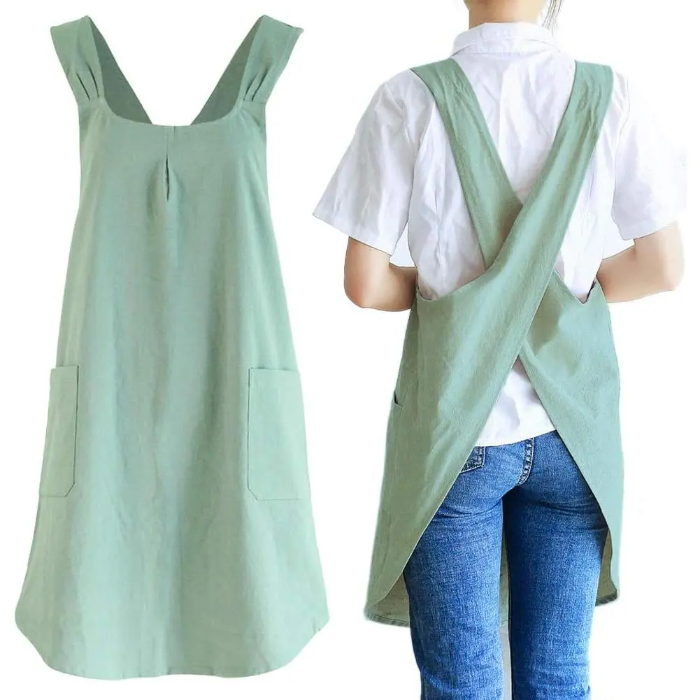 Japanese Cotton Linen Cross Back Cooking Apron for Women Men with Pockets, Cute for Baking Kitchen