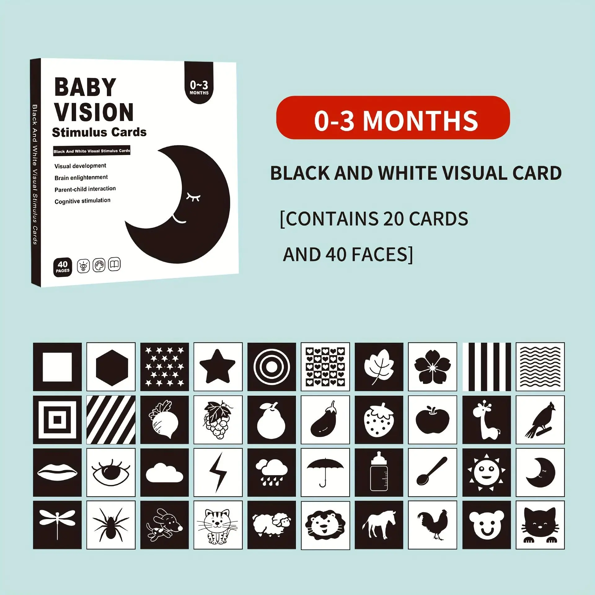 Unisex Baby Vision Stimulus Flashcards - 0-3 Years Early Learning Cognitive Development Tools with Simple English Phrases, Colorful Illustrations, Playful Design, Durable Paper