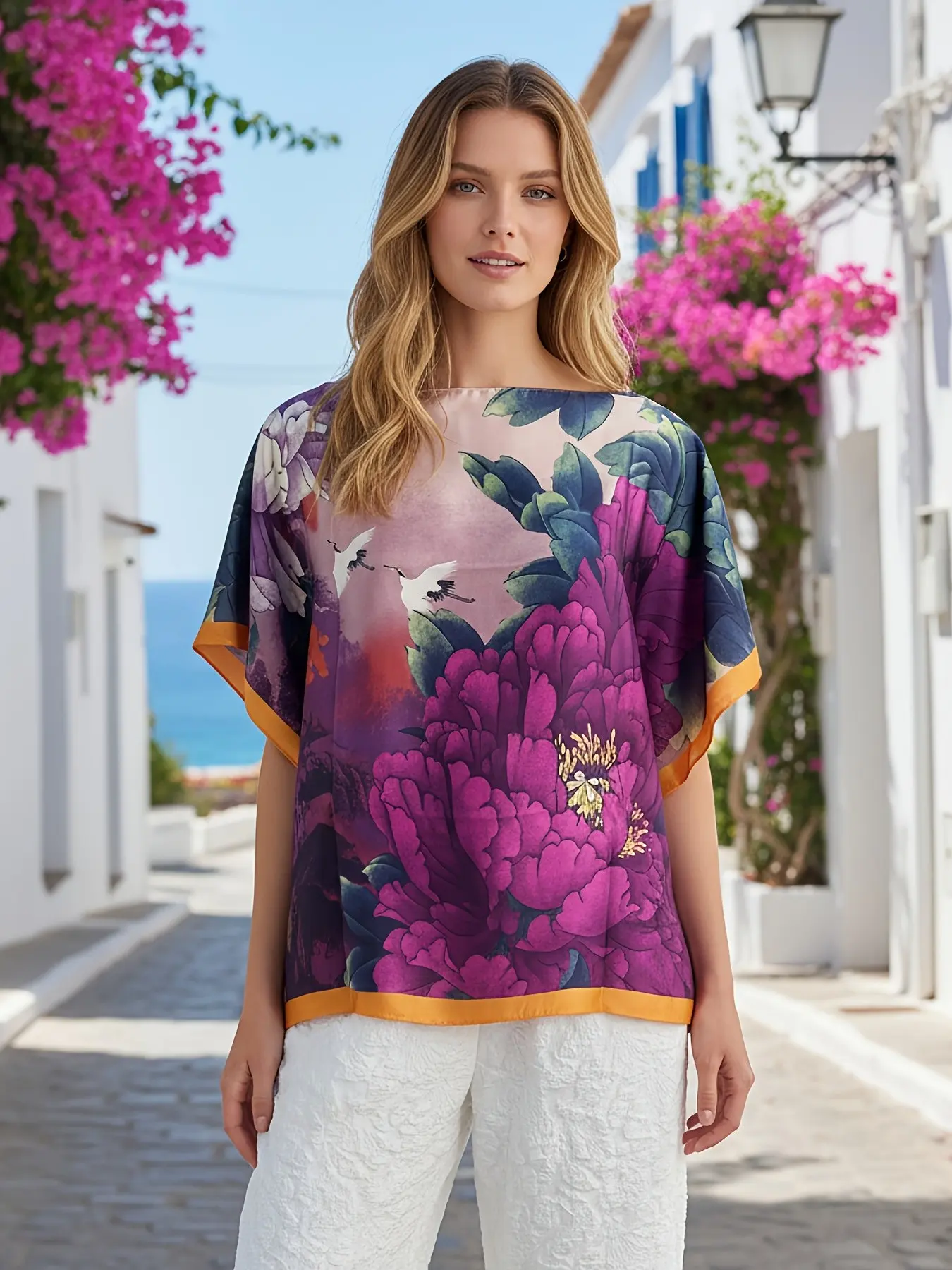 Plus Size Women's Vibrant Purple Floral Printed Silky Tunic Top Contrast Trim Loose Satin Blouse Resortwear Outfit Idea