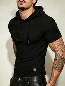 Unisex American Style Slim Fit Long Sleeve T-Shirt, Lightweight Bamboo Cotton Drawstring Hooded Tee, All-Season Casual Wear