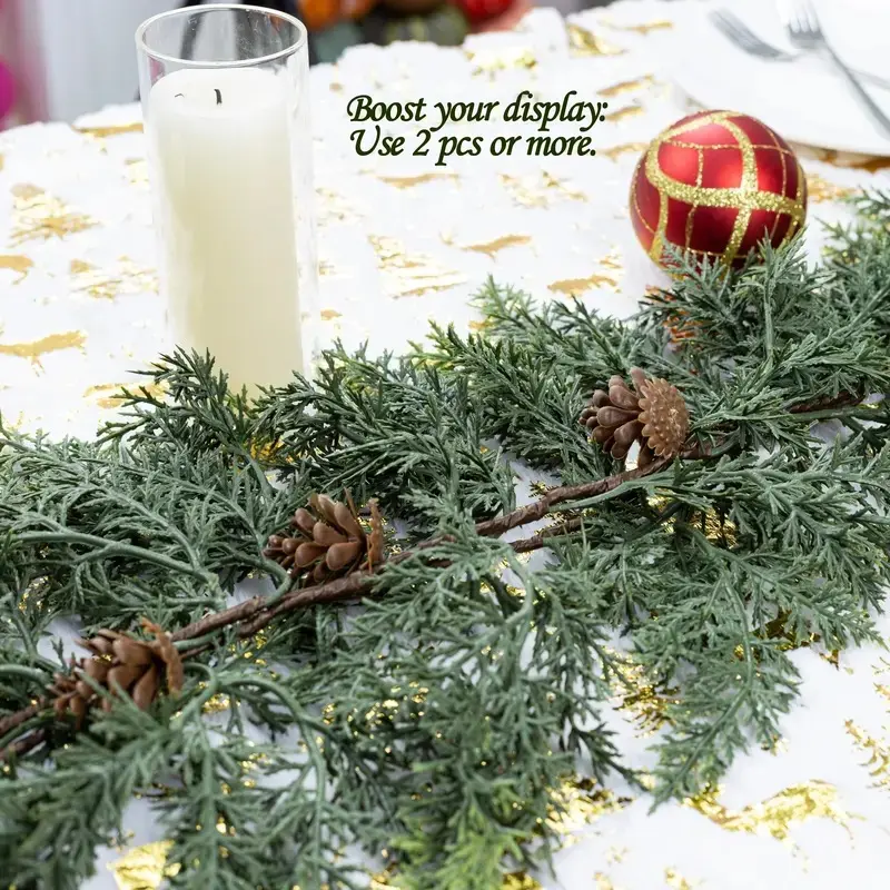Artificial Cedar Garland 72" with artificial pine cones - Decorative Plant for Home Party Wedding DIY Real Touch Pine Garlands Decorative Greenery Fruit Winter Theme Rustic Style